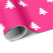 Papier Cadeau Arbres de Noël blancs fuchsia rose chaud moderne (Coin rond)