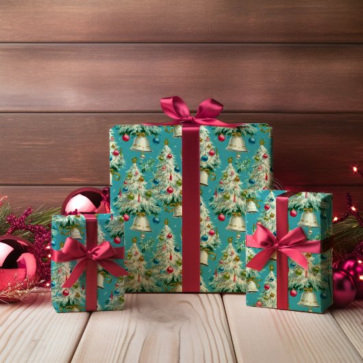 Papier Cadeau Arbres de Noël blancs rétro bleu