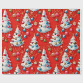 Papier Cadeau Arbres de Noël blancs rétro rouge (Plat)