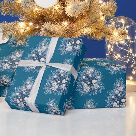Papier Cadeau Arbres de Noël bleu blanc (Vacances)