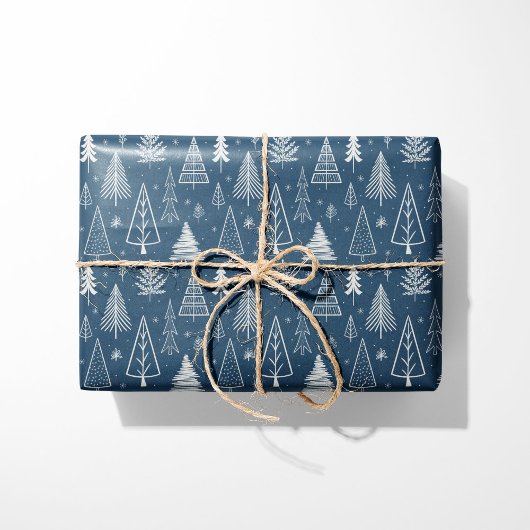 Papier Cadeau Arbres de Noël bleu et blanc rustique