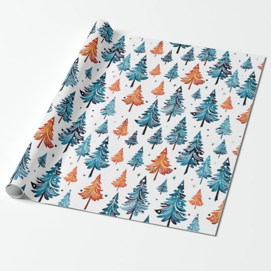 Papier Cadeau Arbres de Noël bleu et orange (Déroulé)