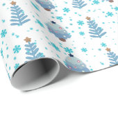 Papier Cadeau Arbres de Noël bleus et neige (Coin rond)