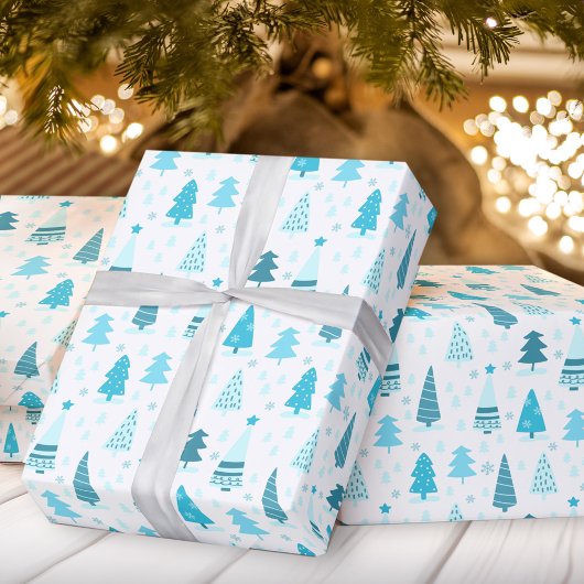 Papier Cadeau Arbres de Noël bleus Noël moderne