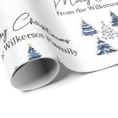Papier Cadeau Arbres de Noël bleus Nom personnalisé (Coin rond)