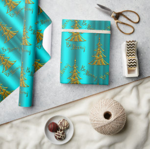 Papier Cadeau Arbres de Noël d'or Soyez Joyeux Noël Aqua
