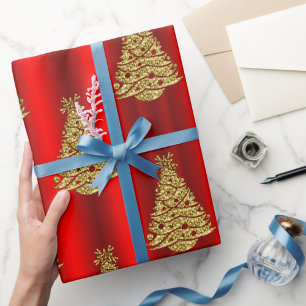 Papier Cadeau Arbres de Noël dorés en rouge