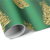 Papier Cadeau Arbres de Noël dorés sur vert (Coin rond)