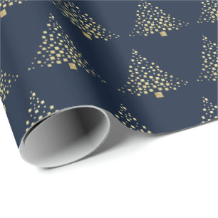 Papier Cadeau Arbres de Noël en or Festif Marine Bleu