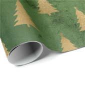 Papier Cadeau Arbres de Noël en or métallique sur vert (Coin rond)