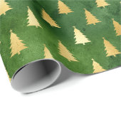 Papier Cadeau Arbres de Noël en or sur vert (Coin rond)