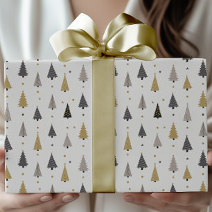 Papier Cadeau Arbres de Noël et Étoiles Élégants Modernes pour l
