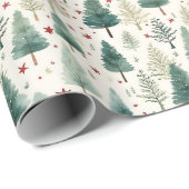 Papier Cadeau Arbres de Noël et étoiles Noël moderne (Coin rond)