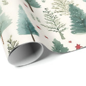 Papier Cadeau Arbres de Noël et étoiles Noël moderne (Coin rond)