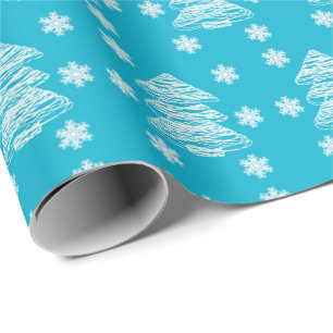 Papier Cadeau Arbres de Noël et flocons de neige modernes Bleu b