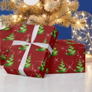 Papier Cadeau Arbres De Noël Étincelants De Ruban Vert Sur Rouge