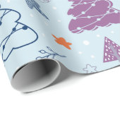 Papier Cadeau Arbres de Noël Etoiles Snowflakes Bleu Noël (Coin rond)