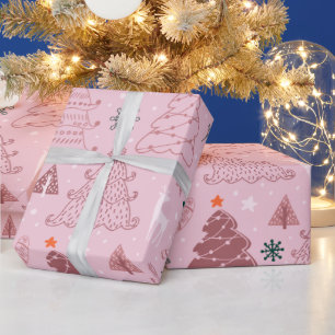 Papier Cadeau Arbres de Noël Étoiles Snowflakes Pink Noël
