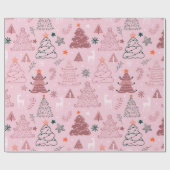 Papier Cadeau Arbres de Noël Étoiles Snowflakes Pink Noël (Plat)