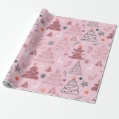 Papier Cadeau Arbres de Noël Étoiles Snowflakes Pink Noël (Déroulé)
