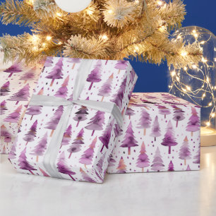 Papier Cadeau Arbres de Noël Étoiles violet rose Noël