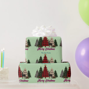 Papier Cadeau Arbres de Noël Famille Renne Plaid Rustique