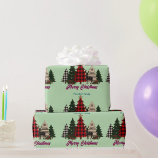 Papier Cadeau Arbres de Noël Famille Renne Plaid Rustique