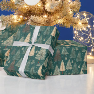Papier Cadeau Arbres de Noël Fériés Bohème Beige Vert