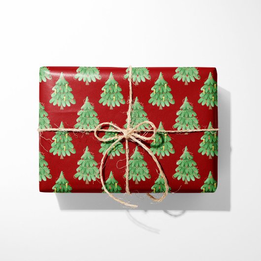 Papier Cadeau Arbres de Noël festifs - Arrière - plan rouge