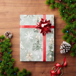 Papier Cadeau Arbres de Noël Flocons de neige à la crème verte