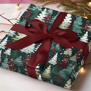 Papier Cadeau Arbres de Noël Flocons de Neige Rouge Vert Vacance