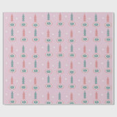 Papier Cadeau Arbres de Noël Flocons Rose Vert (Plat)