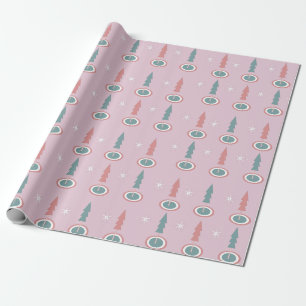 Papier Cadeau Arbres de Noël Flocons Rose Vert