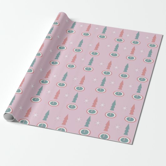 Papier Cadeau Arbres de Noël Flocons Rose Vert (Déroulé)