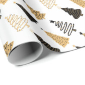 Papier Cadeau Arbres de Noël géants noir, blanc et or (Coin rond)