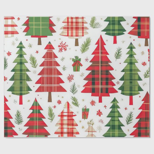 Papier Cadeau Arbres de Noël géants sur Motif plaid (Plat)