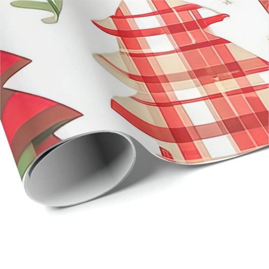 Papier Cadeau Arbres de Noël géants sur Motif plaid (Coin rond)