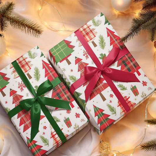 Papier Cadeau Arbres de Noël géants sur Motif plaid