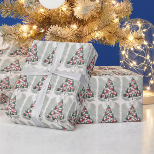 Papier Cadeau Arbres de Noël Maisons Rouges & Église MCM