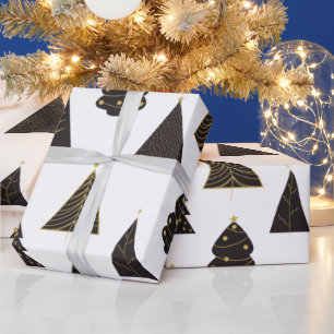 Papier Cadeau Arbres de Noël minimalistes noirs et or