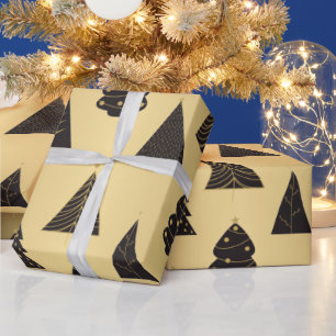 Papier Cadeau Arbres de Noël minimalistes Noirs & Or, Or