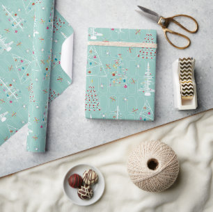 Papier Cadeau Arbres de Noël minimaux rétro Noël Turquoise