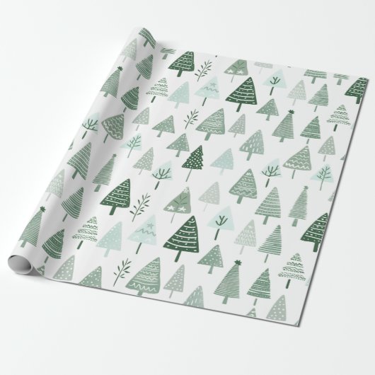 Papier Cadeau Arbres de Noël modernes Blanc et vert (Déroulé)