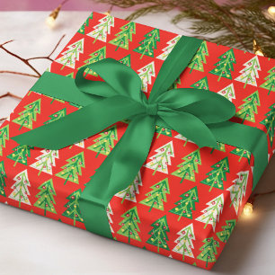 Papier Cadeau Arbres de Noël Modernes Lumières Motif Rouge