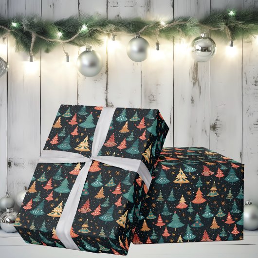 Papier Cadeau Arbres de Noël modernes rétro