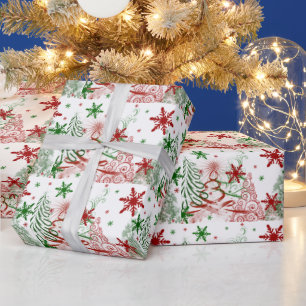 Papier Cadeau Arbres de Noël modernes rouges et verts Flocons de