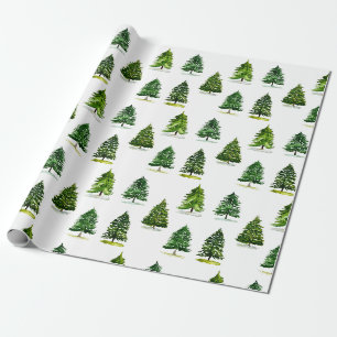Papier Cadeau Arbres de Noël motif Festif Vert aquarelle
