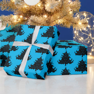 Papier Cadeau Arbres de Noël noirs Motif bleu