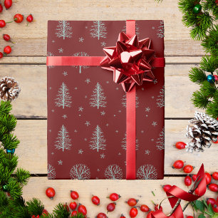 Papier Cadeau Arbres de Noël nordiques scandinaves rouges Snowfl