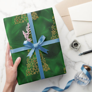 Papier Cadeau Arbres de Noël Or Contemporains sur Vert